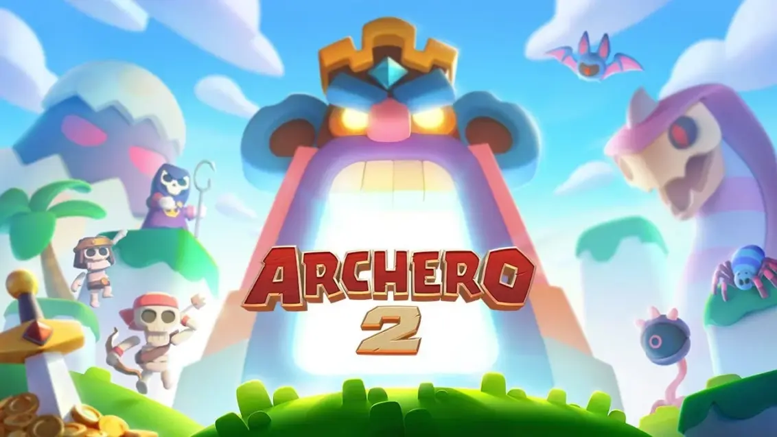 Kunstwerk für Archero 2 zeigt ein buntes, cartoonhaftes Fantasieland mit Gegnern.