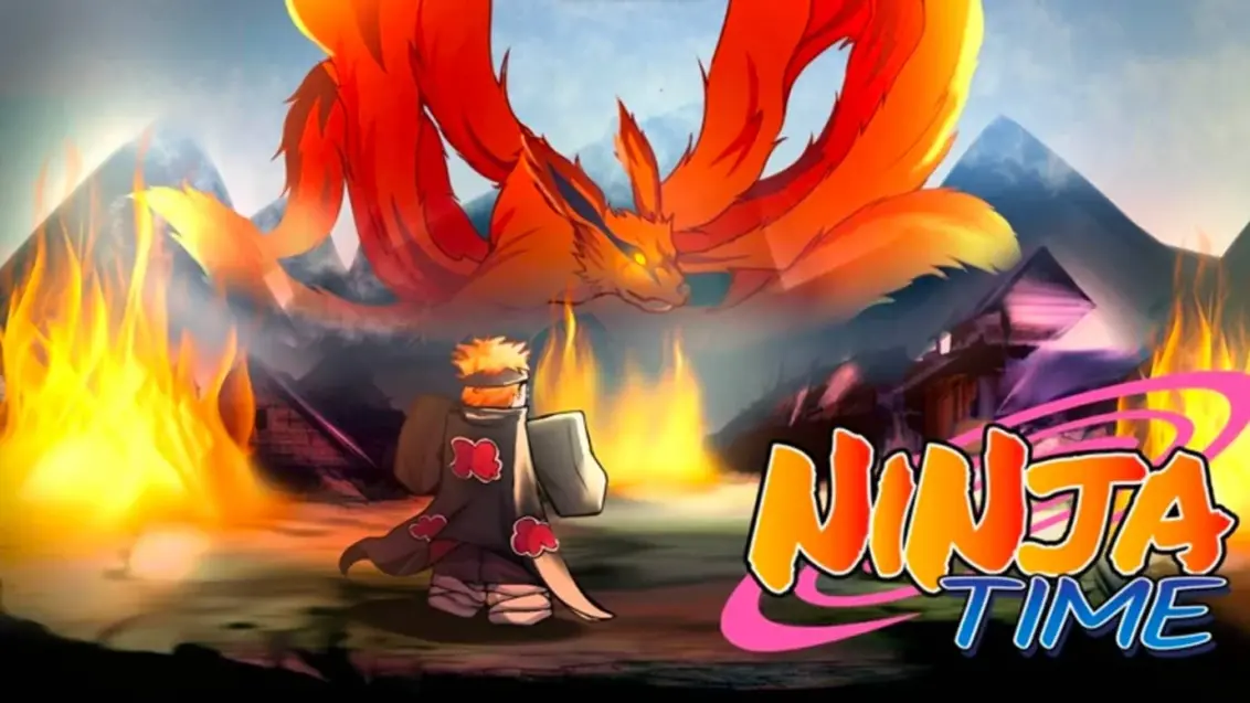 Artwork für das Roblox-Spiel Ninja Time, das einen von Naruto inspirierten Charakter neben einem riesigen, fuchsähnlichen Wesen mit vielen Schwänzen zeigt.