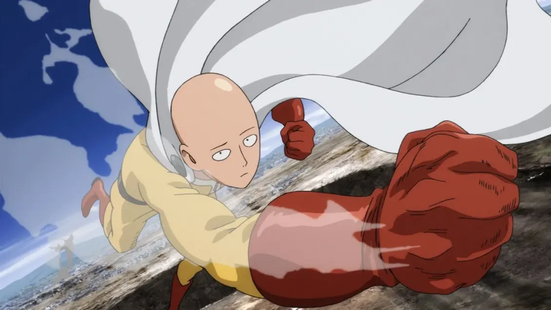 One-Punch Man Staffel 3: Saitama schlägt während eines Sprungs im Anime One-Punch Man zu.