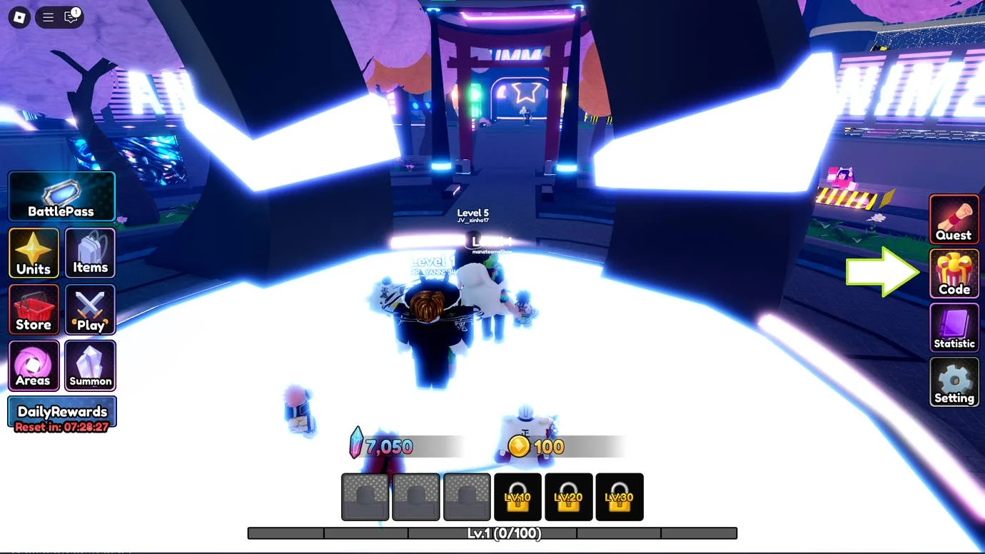 Ein Screenshot von Anime Genesis in Roblox, der den Codes-Button des Spiels zeigt.