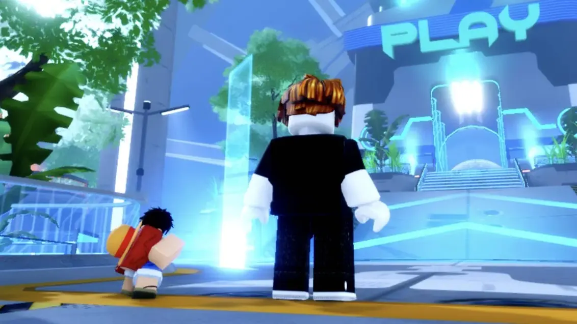 Ein Roblox-Charakter steht neben einem kleinen, von One Piece inspirierten Charakter im Tower-Defense-Spiel Anime Rangers X.