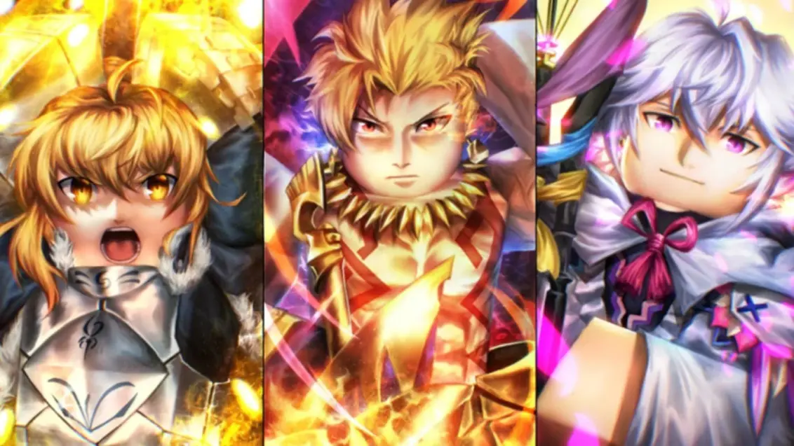Artwork mit drei Anime-Charakteren für das Roblox-Spiel Anime World Tower Defense.