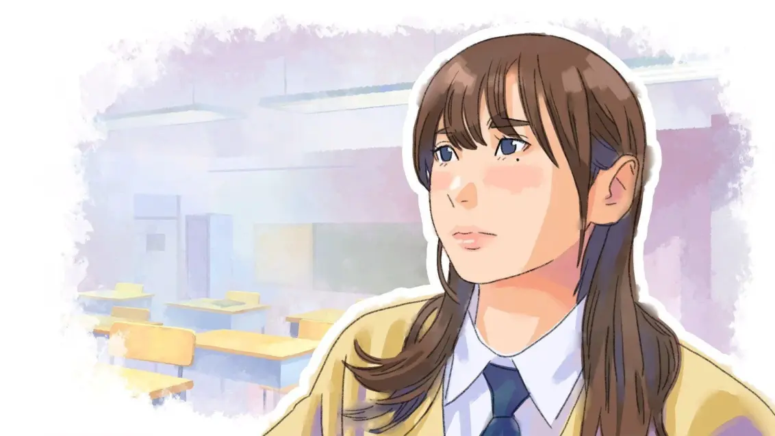 Screenshot aus dem Ankündigungstrailer von Dear me, I was', der eine Frau mit Krawatte in einem Raum zeigt, der wie ein Klassenzimmer aussieht.