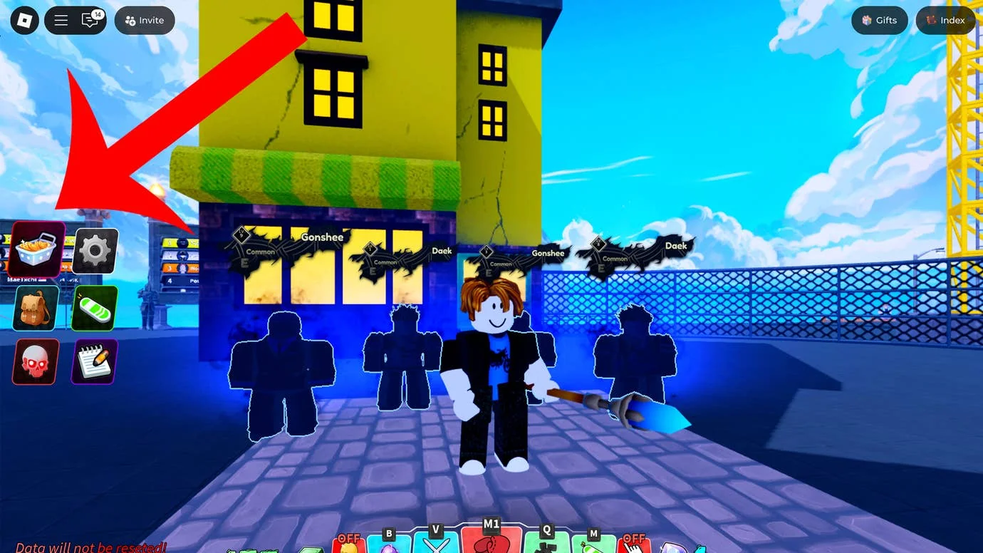 Ein Pfeil zeigt auf die Shop-Schaltfläche im Roblox-Spiel Arise Crossover.