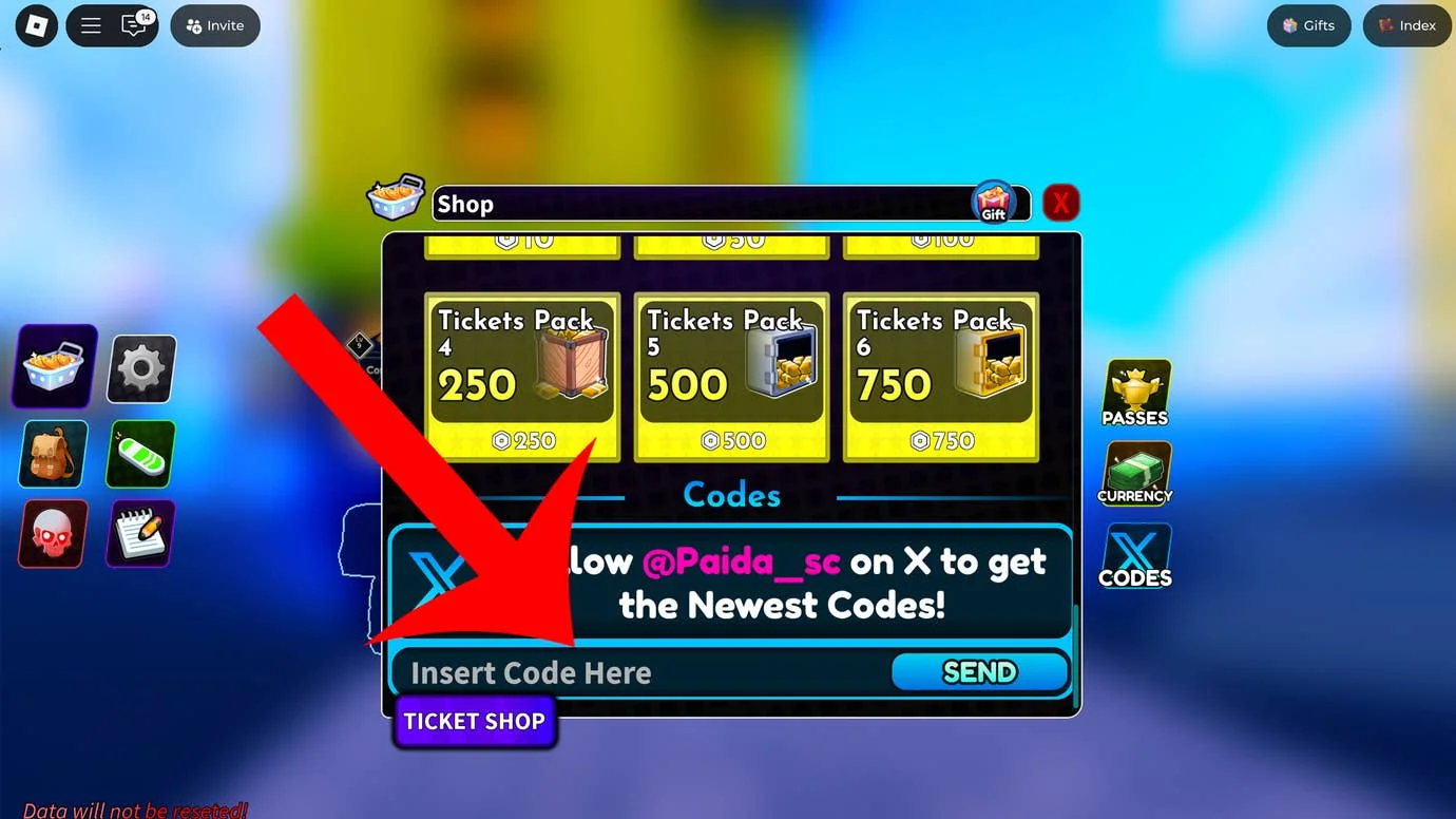 Ein Pfeil zeigt auf das Codes-Menü im Roblox-Spiel Arise Crossover.