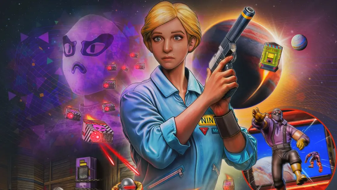 Eine Frau hält eine Waffe in einem Sci-Fi-Setting aus dem Videospiel Skin Deep