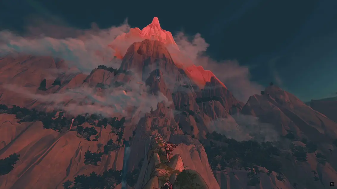 Ein Cairn-Screenshot zeigt einen beeindruckenden Berg bei Sonnenuntergang