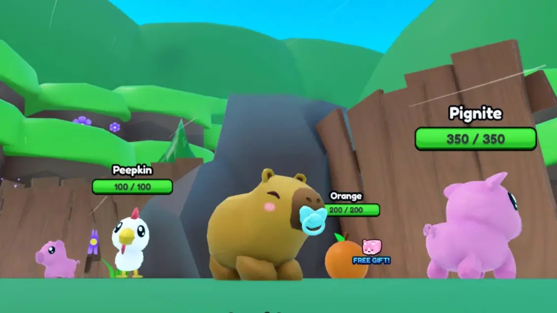 Ein niedlicher Capybara-Charakter mit Schnuller im Roblox-Spiel Capybara Evolution.