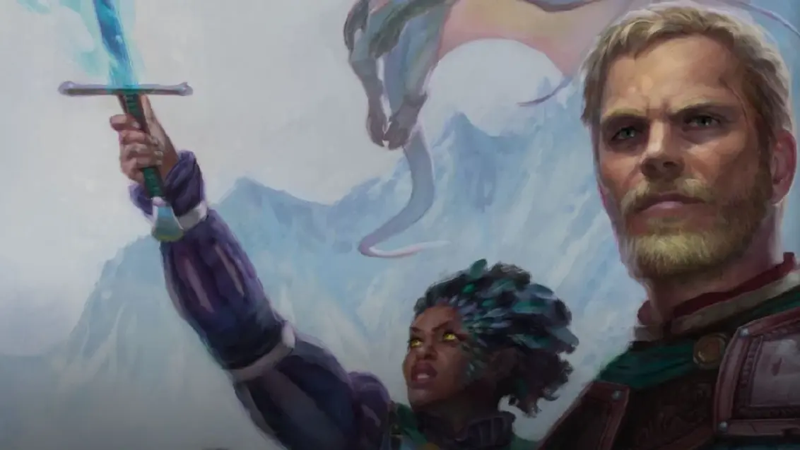 Eder und Pallegina aus Pillars of Eternity sehen heldenhaft aus mit Bergen und einem Drachen im Hintergrund