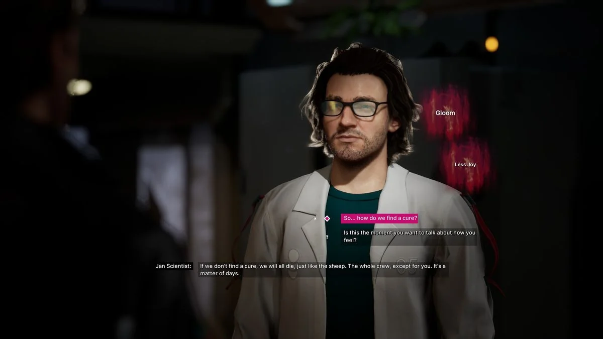 The Alters Gameplay-Screenshot zeigt den Wissenschaftler, der über eine schwierige Entscheidung spricht, die Jan treffen muss