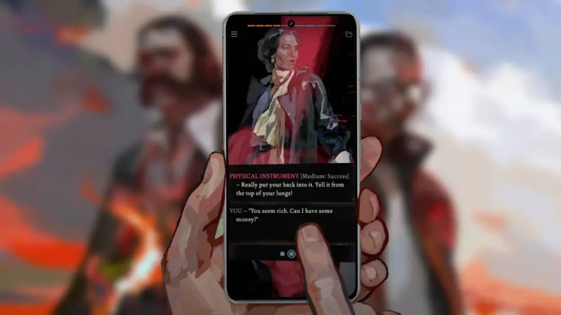 Artwork zeigt Disco Elysium, das durch Wischen mit dem Finger auf einem Mobiltelefon gespielt wird.