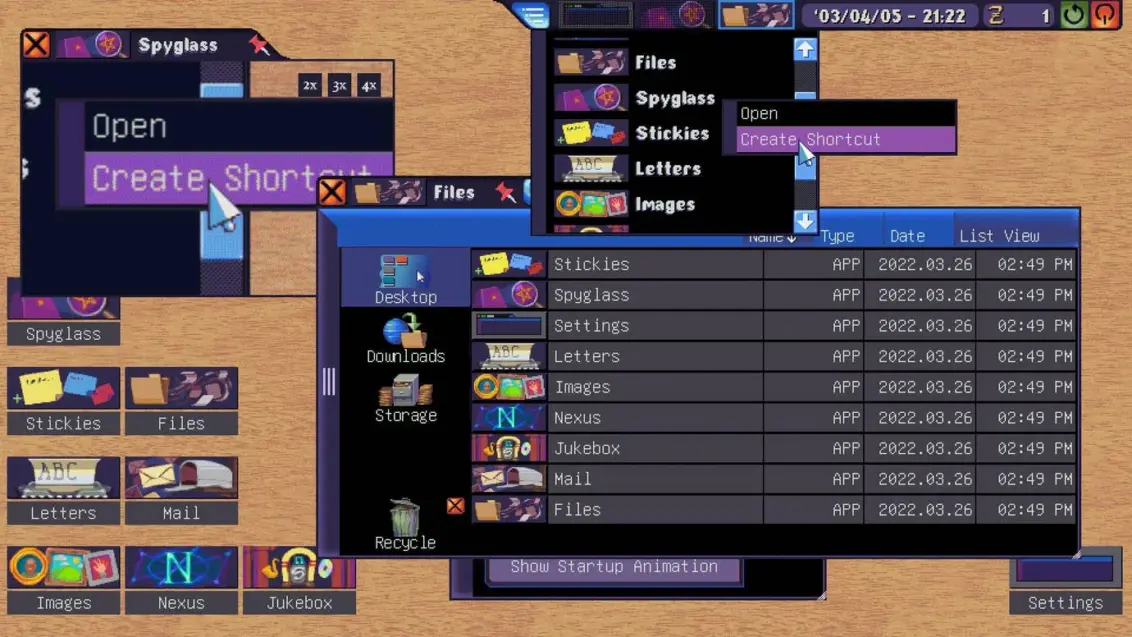 Dreamsettler-Screenshot mit einem beigen Desktop-Hintergrund und einer Reihe von sich überlappenden, retro PC-Fenstern in leuchtenden, kontrastierenden Farben.