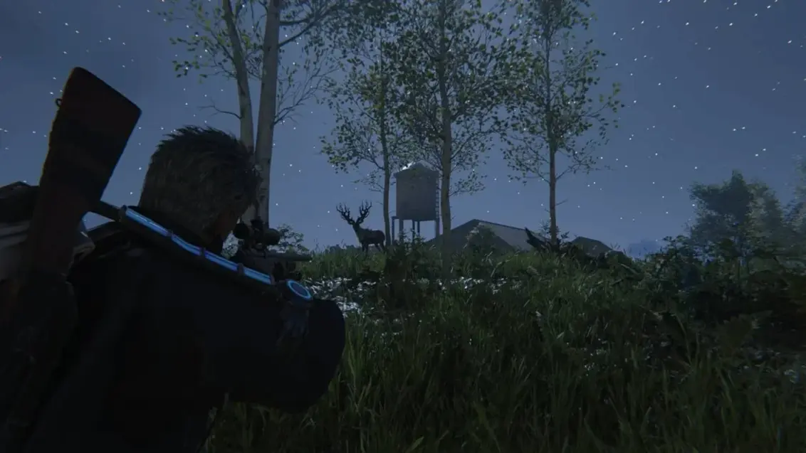 Der Spielercharakter zielt mit seiner Waffe auf ein Reh in Once Human
