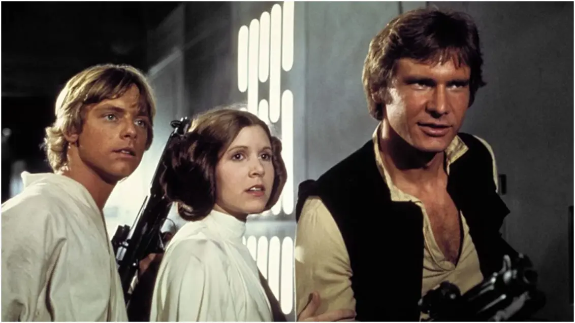 Mark Hamill, Carrie Fisher und Harrison Ford in Star Wars: Eine neue Hoffnung