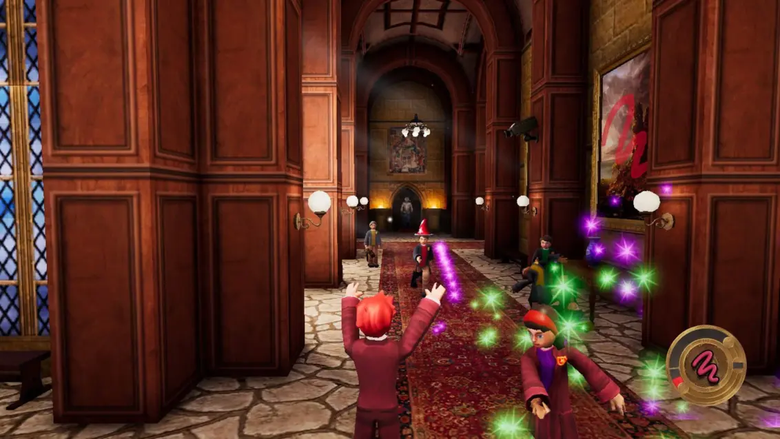 Ein Screenshot aus Secret Agent Wizard Boy, der einen Schlossflur und Schulkinder zeigt, die in den PS1 Harry Potter Spielen nicht fehl am Platz wären