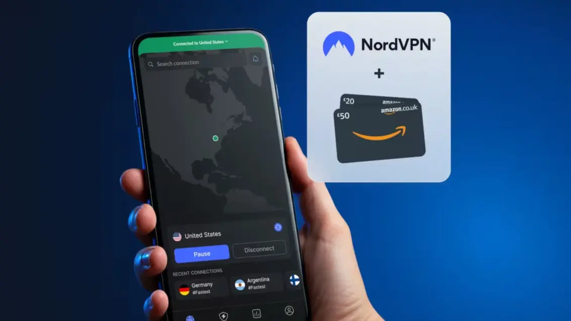Ein Werbebild für NordVPN, das eine Hand zeigt, die ein Foto hält, auf dem NordVPN läuft, mit zwei Amazon-Geschenkkarten im Hintergrund.