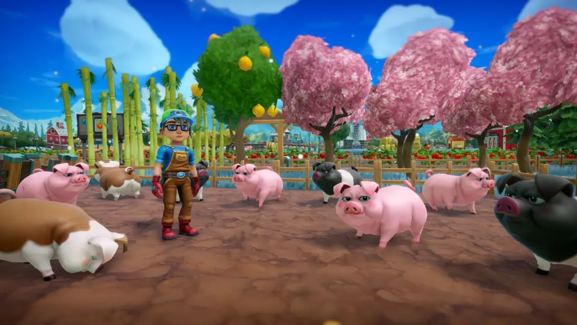 Screenshot aus Farm Together 2, zeigt einen Landwirt in Latzhose neben einer Gruppe von Schweinen.