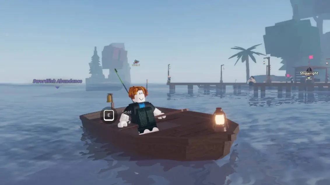 Ein Roblox-Charakter reist auf einem Boot im Spiel Fisch.