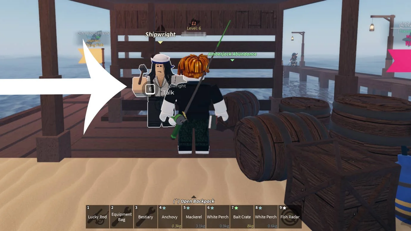 Pfeil zeigt auf den Schiffsbauer-NPC im Roblox-Spiel Fisch.