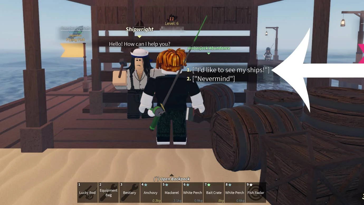 Pfeil zeigt auf die Dialogoption, die Spieler wählen müssen, um Schiffe im Roblox-Spiel Fisch zu kaufen.