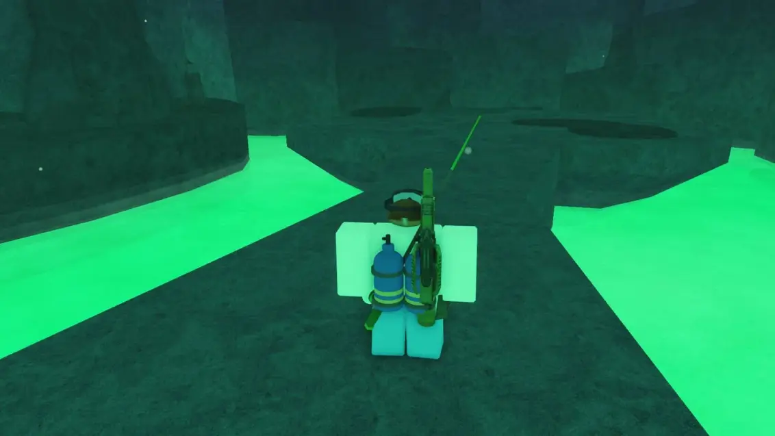 Ein Charakter in Tauchausrüstung und mit Angelrute im Roblox-Spiel Fisch.