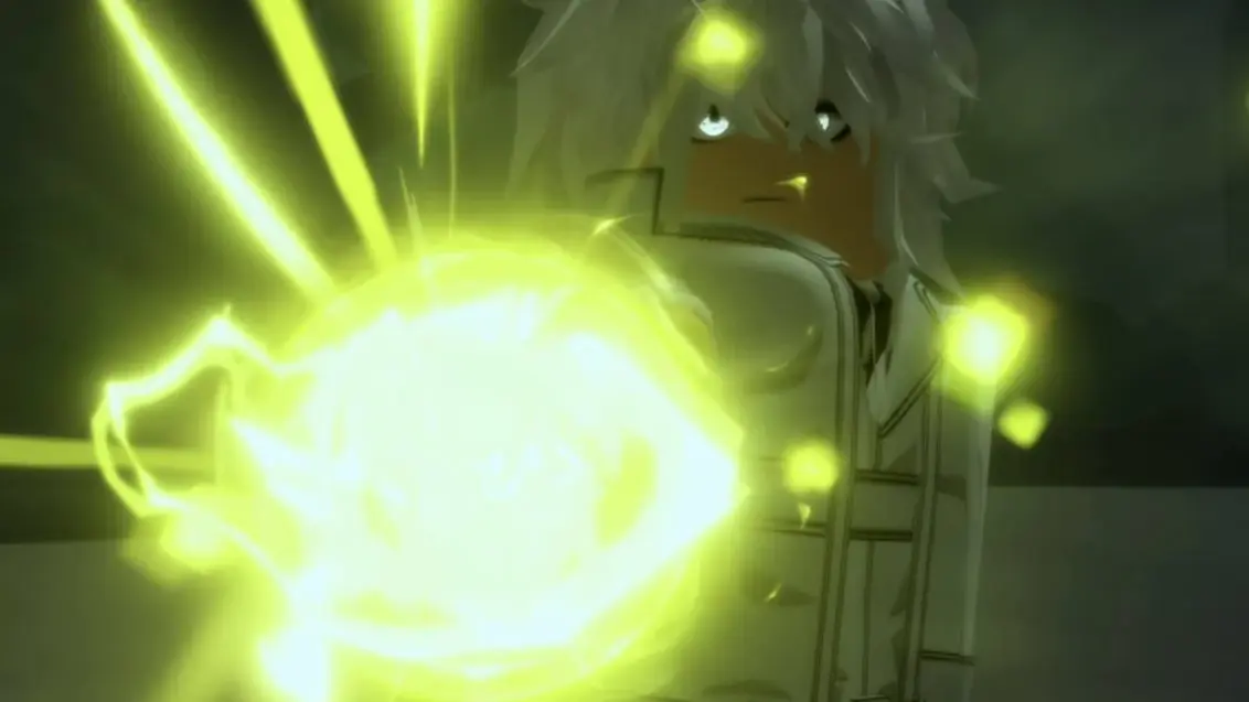 Ein Charakter im Roblox-Spiel Ghoul Re lädt sich auf, um einen mächtigen Angriff auszuführen.
