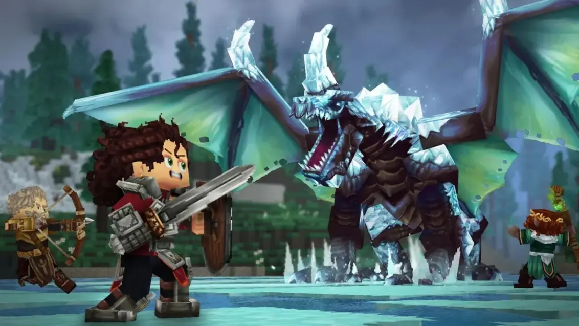 Screenshot aus Hytale, zeigt drei Krieger mit Schwert, Bogen und Stab, die einen großen, eisigen Drachen sichten.
