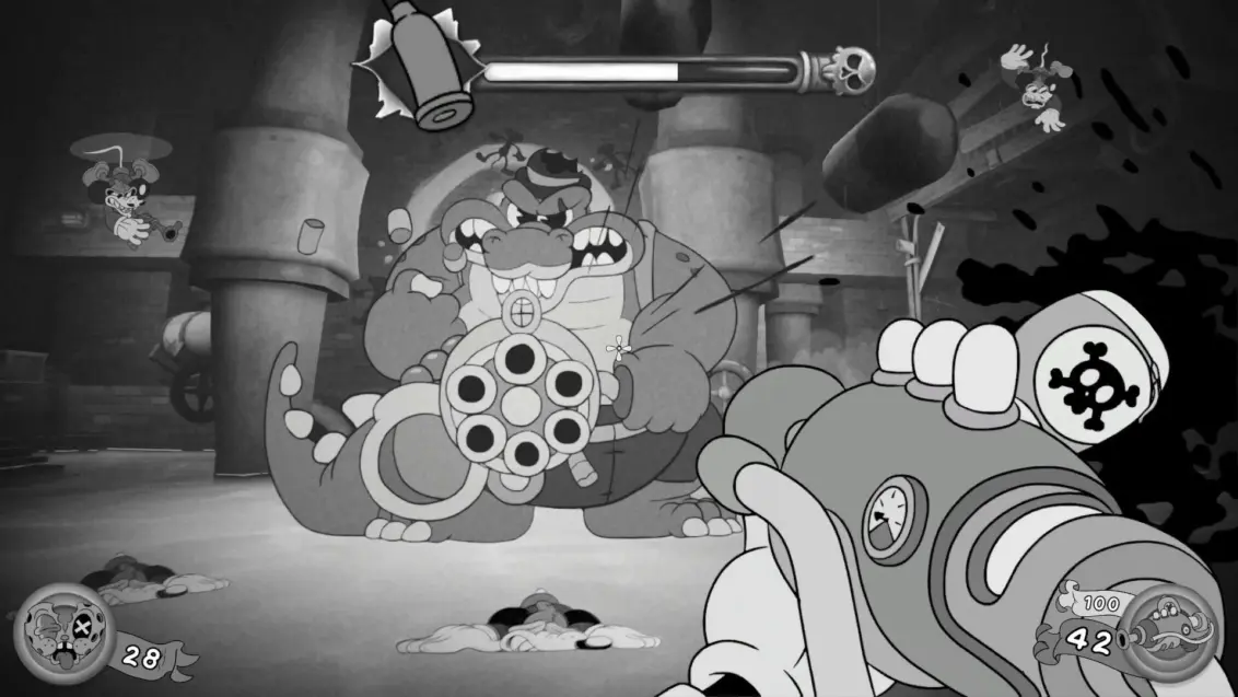 Ein Bosskampf gegen ein Krokodil mit einer Gatling-Gun in Mouse: P.I For Hire
