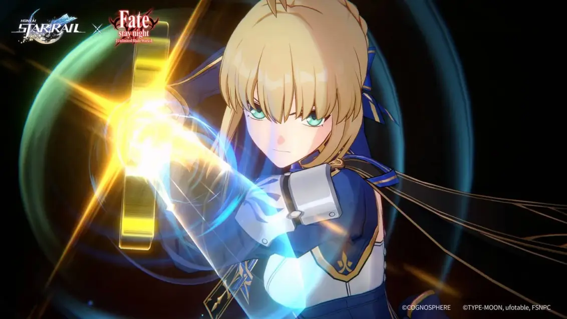 Fate/stay night Charakter Saber im Honkai: Star Rail Kunststil als Teil des Kollaborationsevents, das zwischen Juli und November 2025 in HSR stattfindet.