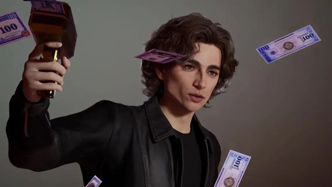 Inzoi - Ein Zoi, der wie Timothée Chalamet aussieht, hält eine Geldpistole und ist von fallendem Geld umgeben