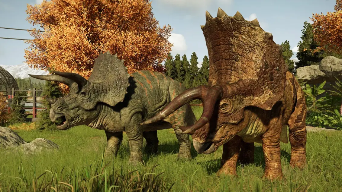 Ein Paar Triceratops in Jurassic World Evolution 3.