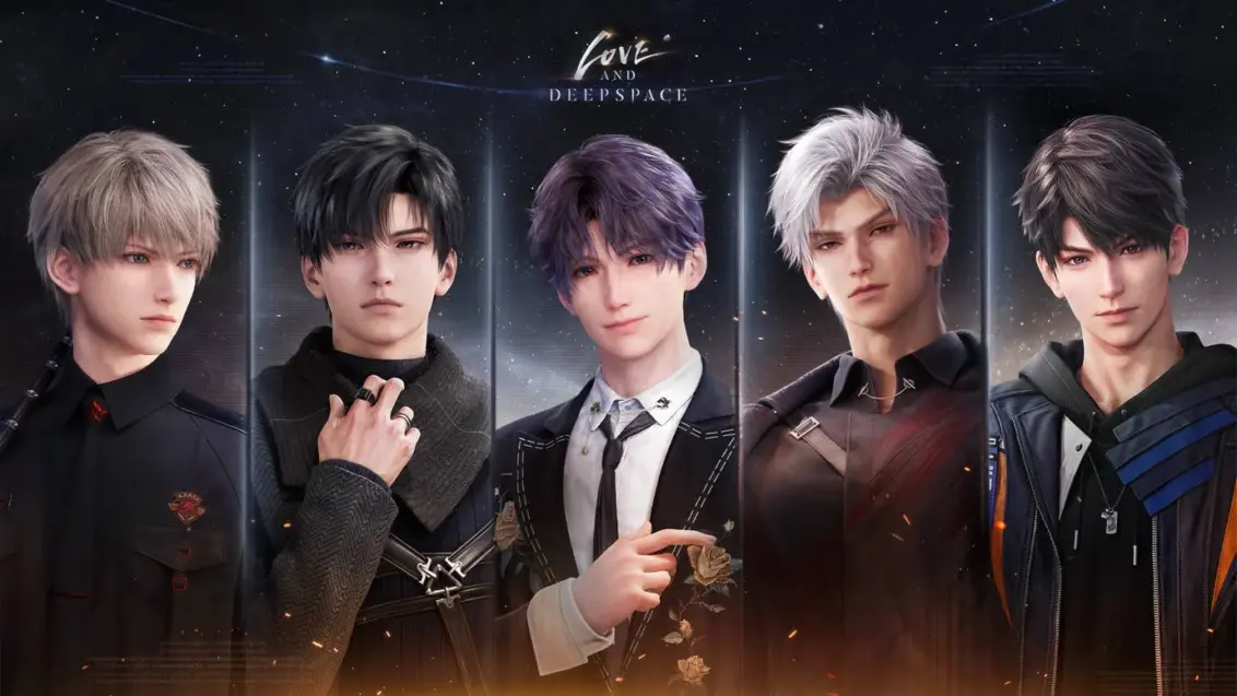 Porträt der fünf romantischen Charaktere in Love and Deepspace, von links nach rechts: Xavier, Zayne, Rafayel, Sylus und Caleb.