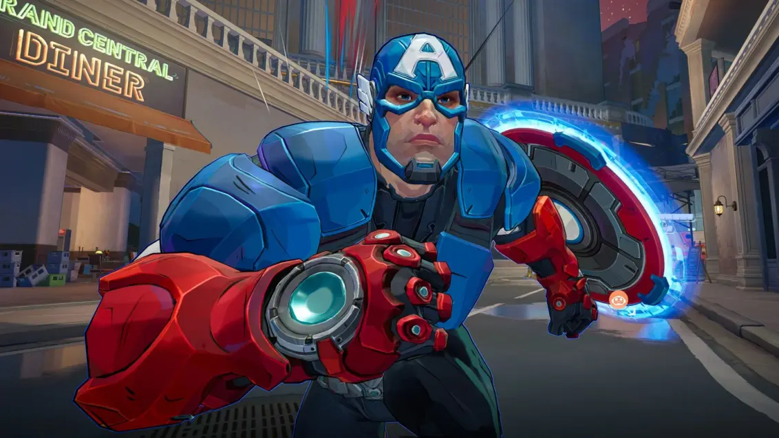 Marvel Rivals Charaktere - Captain America rennt auf die Kamera zu.