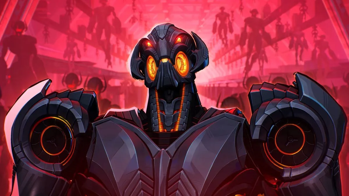 Marvel Rivals Charaktere - Ultron steht vor einer Roboterarmee, gehüllt in ein rotes Leuchten.