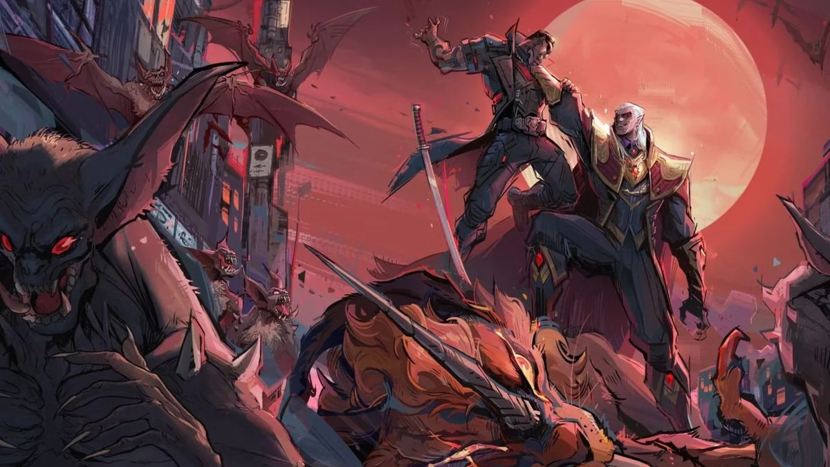 Marvel Rivals Charaktere - Artwork von Blade, der von Dracula ergriffen wird.