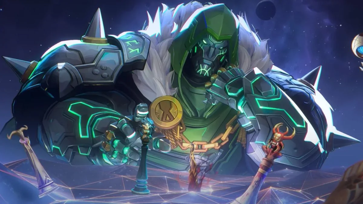 Marvel Rivals Charaktere - Doctor Doom stößt gelangweilt eine Schachfigur um.