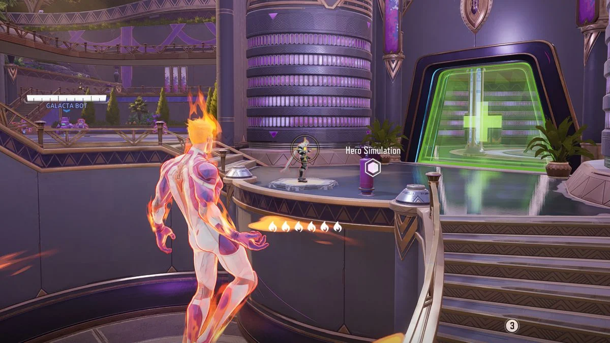 Beste Marvel Rivals Fadenkreuze - Human Torch zielt im Übungsbereich beim Fliegen auf einen Moon Knight und zeigt ein Zielvisier.