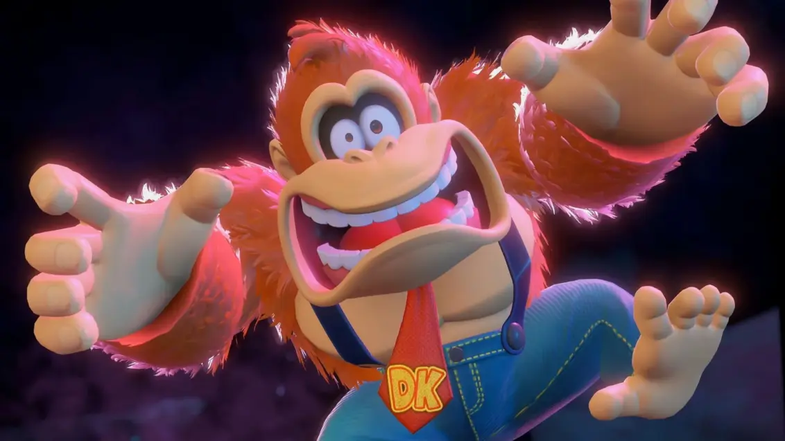 Donkey Kong Bananza Screenshot von Donkey Kong, der in ein Loch fällt