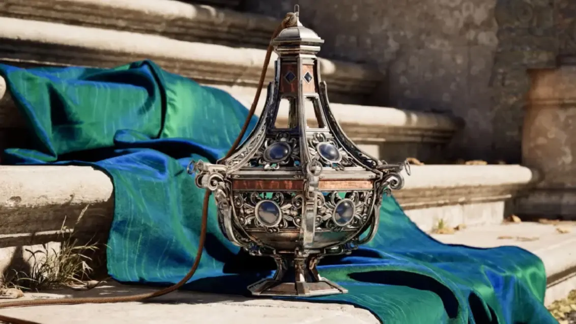 Ein Standbild von der Nvidia CES 2025 Ankündigung für DLSS 4, das eine Vase auf einer Treppe mit fließendem Stoff im Hintergrund zeigt.