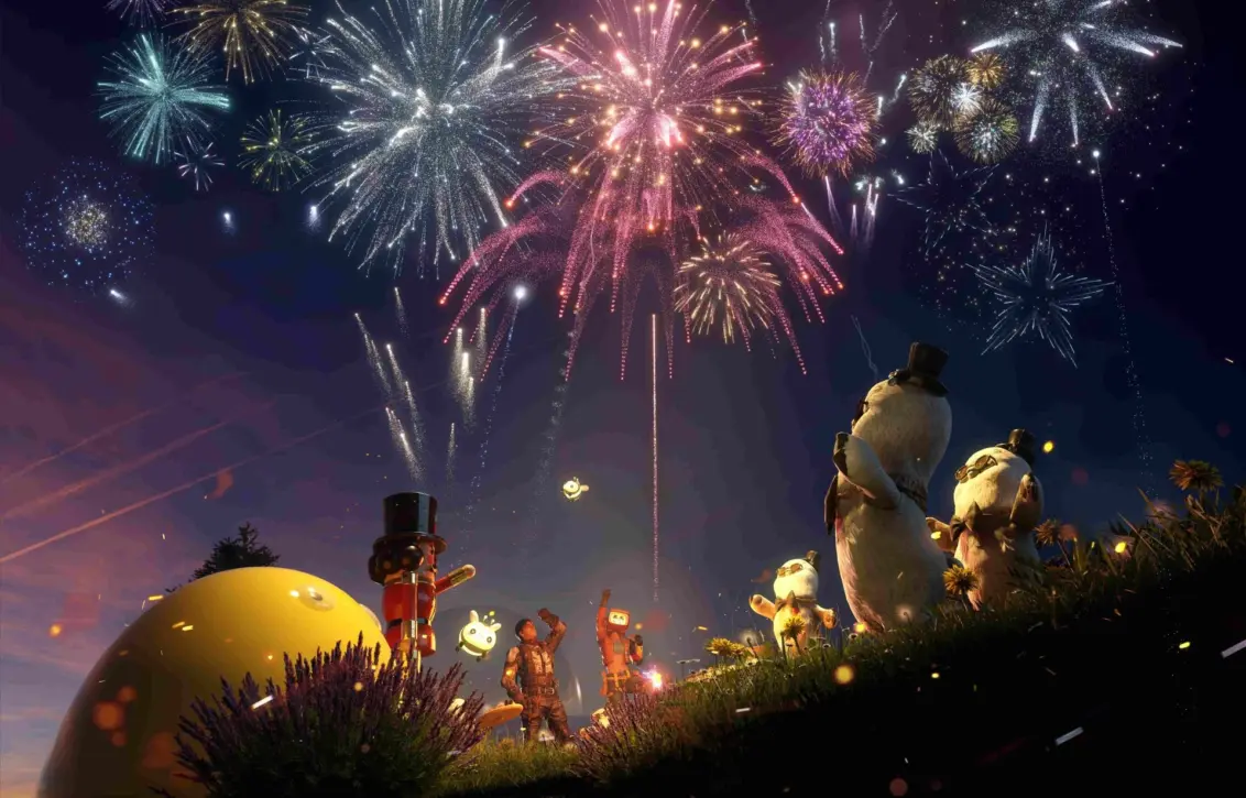 Ein Bild von Feuerwerk im Spiel Once Human zur Feier der Einführung benutzerdefinierter Server