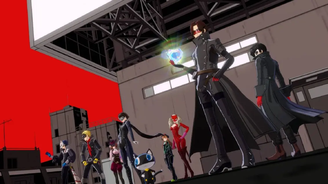 Ein vergrößertes Persona 5: The Phantom X Werbebild, das die Phantomdiebe vor einem Gebäude und einem roten Himmel zeigt.