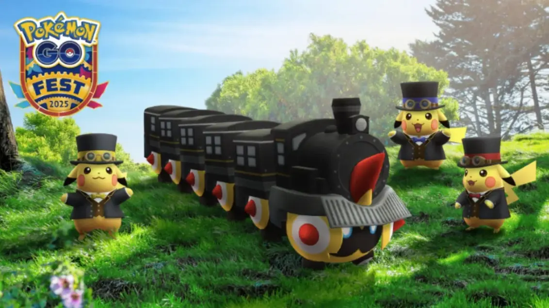 pokemon go fest 2025 zugführer falinks rot gelb blau akzent elegantes pikachu