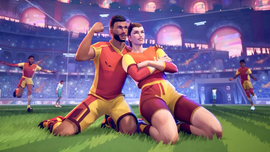 Rematch-Bildschirm - zwei kniende Fußballspieler feiern ein Tor, während andere Teamkollegen von hinten heranlaufen