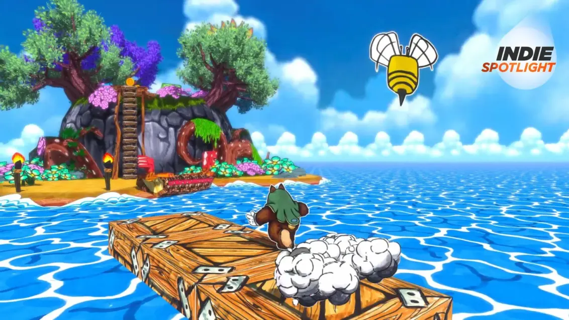 Ruffy läuft über den Ozean auf Holzkisten in Ruffy und der Fluss, mit dem Indie Spotlight-Logo