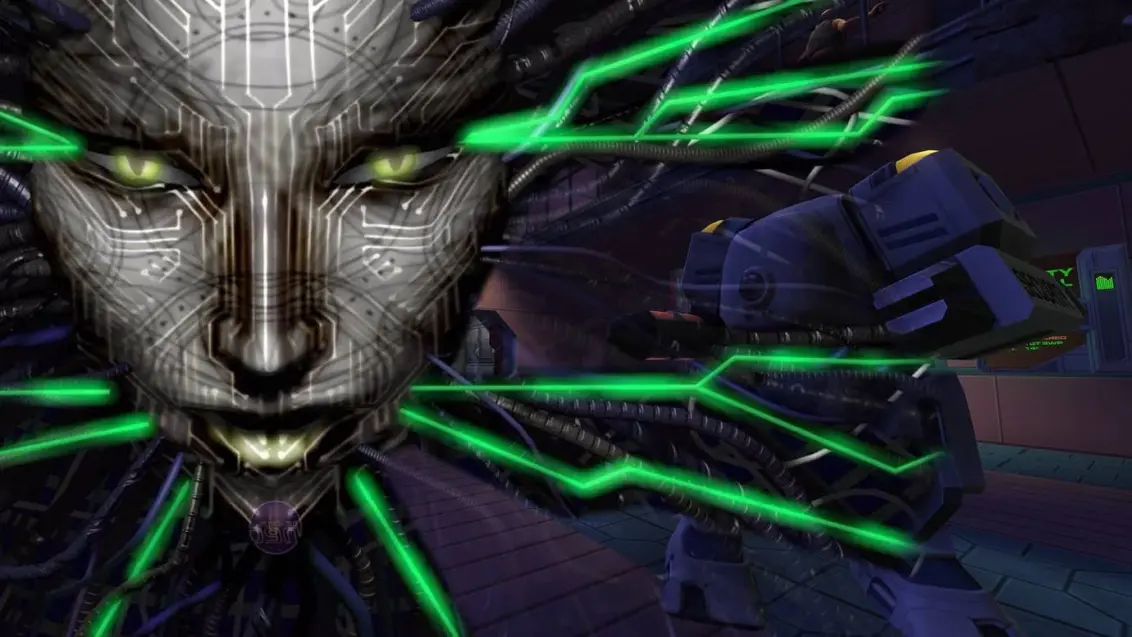 Das Gesicht der bösartigen KI SHODAN aus System Shock 2 überlagert mit einem Screenshot von Nightdives System Shock 2 Remaster.