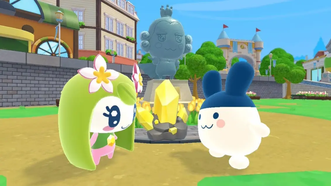 Mimitchi ist zu sehen, wie er mit Neliatchi auf dem Platz von Tamahiko Town in Tamagotchi Plaza spricht