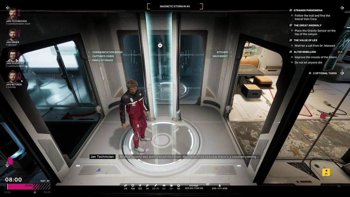The Alters Gameplay-Screenshot zeigt einen Klon, der sagt: "Noch ein schöner Tag mit einer Gehirnmutation. Es wäre schön zu wissen, wann es eine Lösung gibt..."