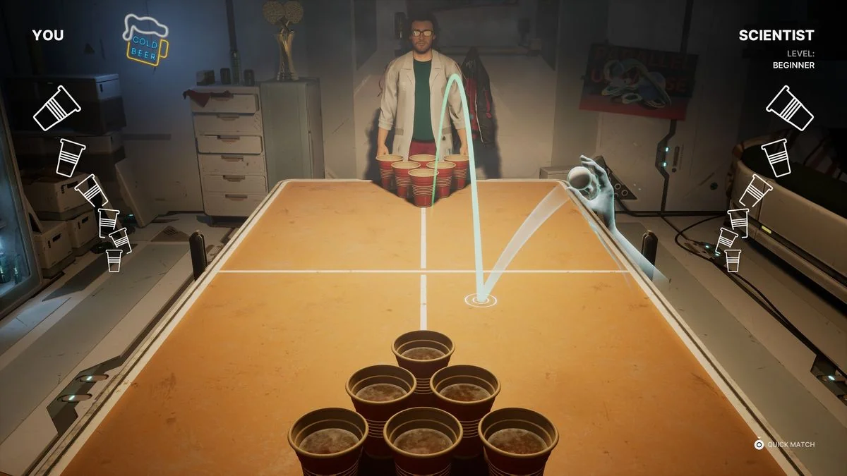 The Alters Gameplay-Screenshot zeigt Jan beim Bierpong gegen Wissenschaftler Jan