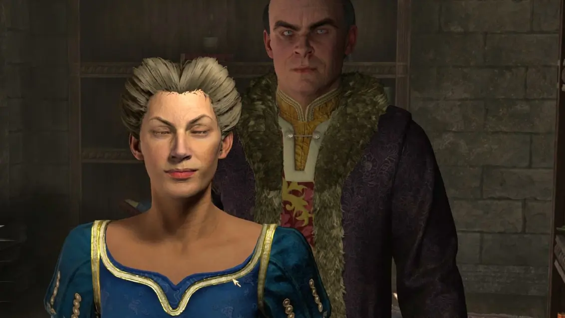 Eine kaiserliche Frau in einem blauen Kleid aus Oblivion mit einem imposanten Nord in einem königlichen Pelzmantel, der bedrohlich hinter ihr steht.