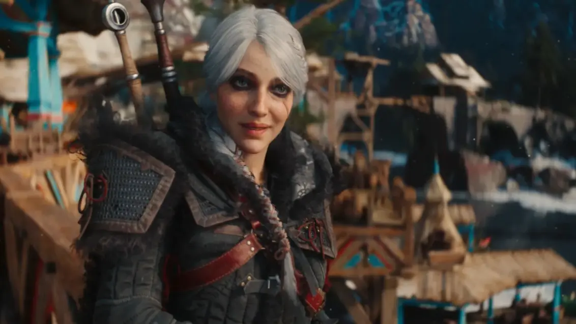 The Witcher 4 Tech-Demo-Trailer-Screenshot von Ciri, die auf einem Markt plaudert